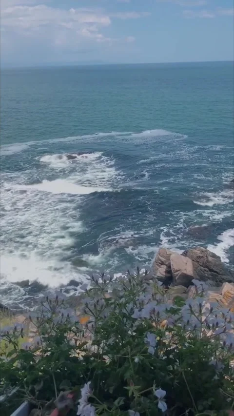 Scenic coastal view of the ocean waves crashing against rocky cliffs, framed by Stock Footage 280698060