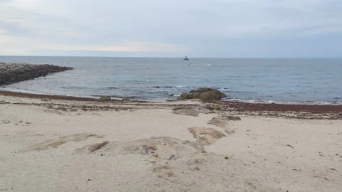 Scenic coastal view of a sandy beach and breakwater Stock Footage 342348021