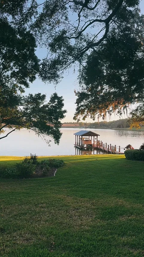 Scenic Dock on Lake at Sunset Video stock 295663019