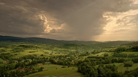 Scenic, dramatic landscape with stormy clouds at sunset. Poland, Europe. Beskid Stock Footage 122440892