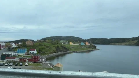 Scenic drive into Trinity Newfoundland coastal historical town Stockbeeldmateriaal 343314772