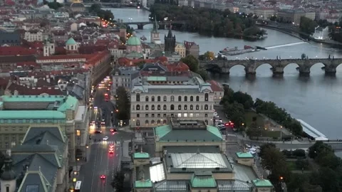 Scenic drone flight over the architecture of the Old Town of Prague at dusk Stock Footage 256161766