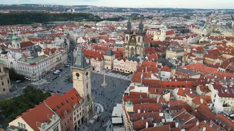 Scenic drone flight over the Old Town Square in Prague Stock Footage 256161598