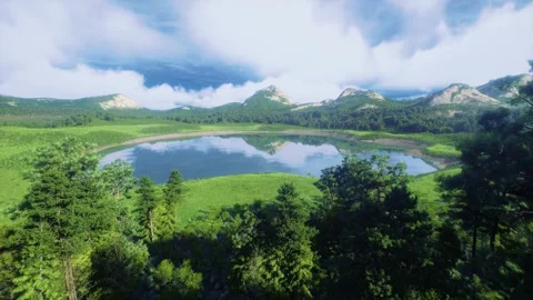 Scenic drone shot of a round mountain lake surrounded by green forest Stock Footage 338230573