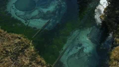 Scenic drone view of clean turquoise lake in autumn forest Stock Footage 154125158