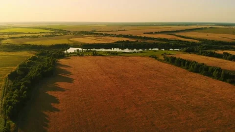 Scenic drone view of fields and river at sunset Video stock 320293512
