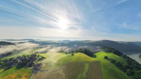 Scenic Drone View over Sunny Mühlviertel Countryside and Danube Austria Видео 345022255