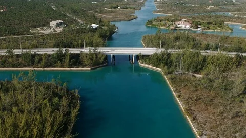 Scenic Drone View of Sir Jack Hayward Bridge, Freeport Bahamas Stock Footage 100444070