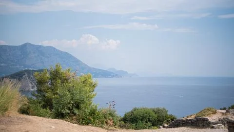 Scenic elevated view of the Adriatic Sea coastline near Budva, Montenegro Stock Photos