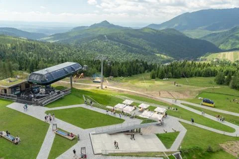 Scenic elevated view of Bachledka Ski &amp; Sun resort in Slovakia. View of valle Stock Photos