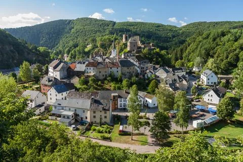 Scenic, elevated view of Esch-Sur-Sure town in Luxembourg Stock Photos