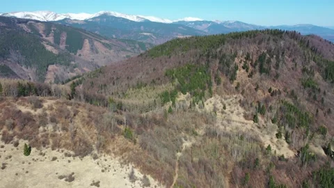 Scenic flight above spring mixed forest on hills under High Tatra mountains Stock Footage 137386661