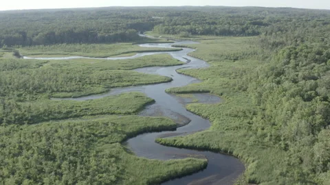 Scenic Flight Over North River at Low Tide in New England Stock Footage
