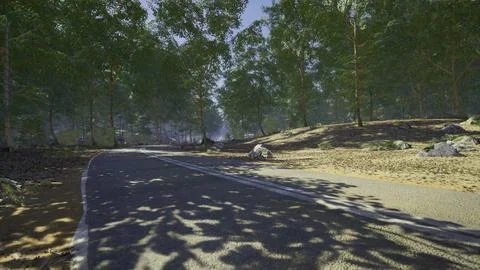 Scenic forest road winding through sunlit trees on a clear day Stock Illustration