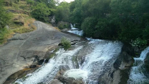 Scenic Forest Waterfall In A Maquieira, Barro, Spain - Aerial Pullback Stock Footage 313592653