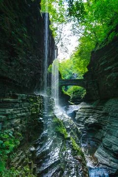 A scenic forest waterfall with multiple cascades, a stone bridge, Watkins G.. Foto stock
