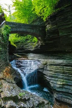 A scenic forest waterfall with multiple cascades, a stone bridge, Watkins G.. Stock-Fotos
