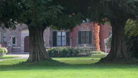A scenic garden with two large trees framing an old brick mansion covered Stock Footage 305634597