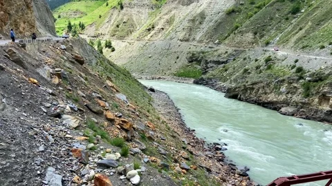 Scenic Glacial River Flowing Through Rocky Mountain Valley in Ladakh India. Stock Footage 338220558