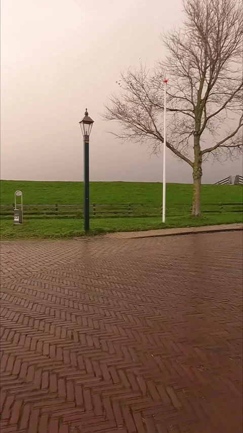 Scenic green dike and brick pavement with a lamppost in the Netherlands. Stock-Footage 344310936