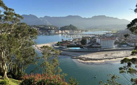 Scenic high-angle view of the coastal town of Ribadesella in Asturias, Spain, Stock Photos
