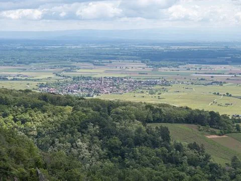 Scenic high angle view over Alsatian plain and village 库存照片