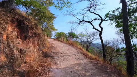 Scenic Hillside Drive Through Trees and Rocky Slopes in Malawi Stockbeeldmateriaal 348251642