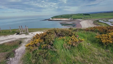Scenic hilltop path overlooking ocean and coastal cliffs under clear summer sky Stock Footage 309767838