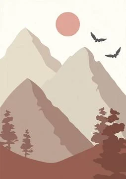 Scenic image of mountains and pine trees art poster. National Park wildlife Stock Illustration