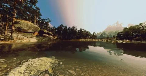 Scenic lake surrounded by trees and rocky terrain in daytime light Stock Illustration