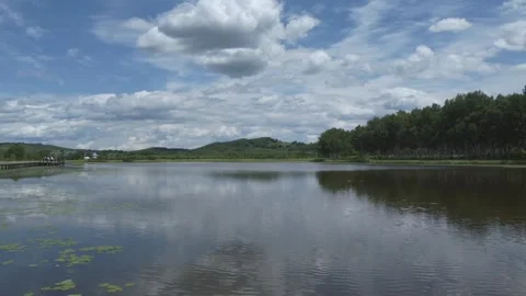 Scenic lake view with clouds reflecting in the water Stock Footage 318771087