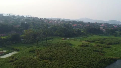 Scenic Lakeside View Featuring Lush Greenery, Buildings, and Misty Skyline on a Stock Footage 314472470