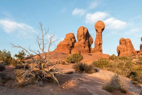 Scenic landscape of boulders in the evening light in Arches National Park Stock Photos