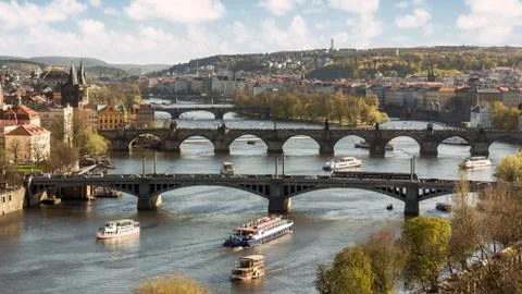 Scenic landscape of the bridges of the Moldava River in Prague Stock Photos