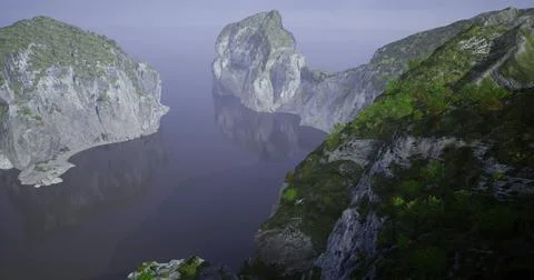 Scenic landscape of dramatic cliffs and calm waters in a serene setting Illustrazione stock
