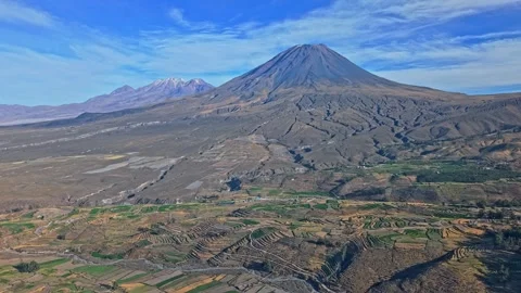 Scenic Landscape Left-to-Right Pan Over Mount Misti, Chachani, and Terraced Stock Footage 327415759