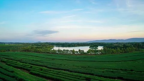 Scenic landscape with river, green fields, and cloudy sky Stock Photos