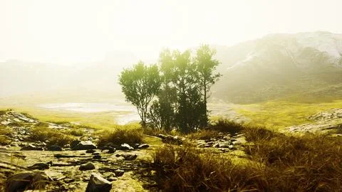 Scenic landscape with steep cliffs and trees during a sunny day Stock Illustration