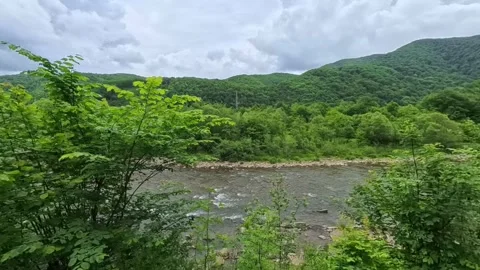 Scenic landscape view from a moving car or train window showing a calm river Vídeo Stock 346181315