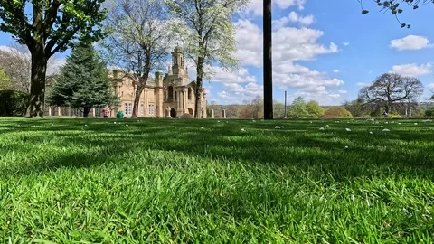 Scenic low-angle view of Cartwright Hall and lawn in Lister Park Stock Footage 333794054