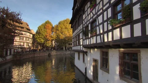 Scenic medieval house in Strasbourg by the channel Stock Footage 59185305
