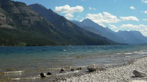 Scenic Mountain Lake with Gentle Waves on a Rocky Shoreline Stock Footage 329522663