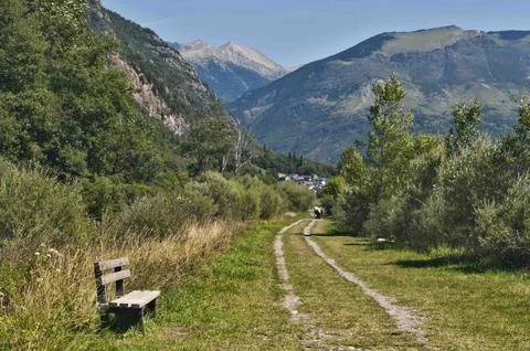Scenic Mountain Path with Bench Stock Photos