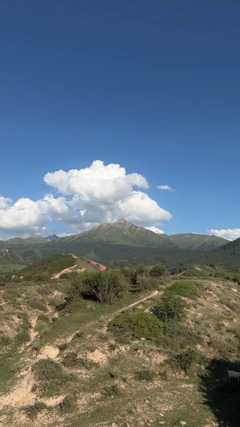 Scenic mountain peak and clouds in Jeti-Oguz, Kyrgyzstan, 4K vertical Stock Footage 342030431