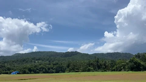 Scenic Mountain Range with Green Forest and Fluffy Clouds Under Blue Sky Stock Footage 344163304