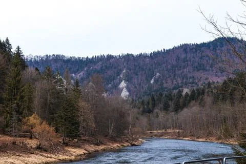Scenic Mountain River with Forested Hills and Rocky Cliffs Fotos de archivo