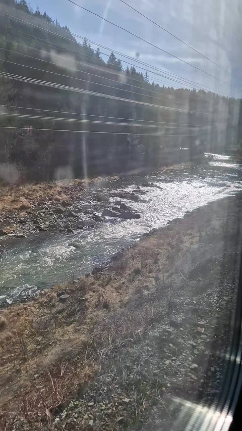 Scenic Mountain River Seen Through Moving Train Window in Ukraine Stock Footage 338993786