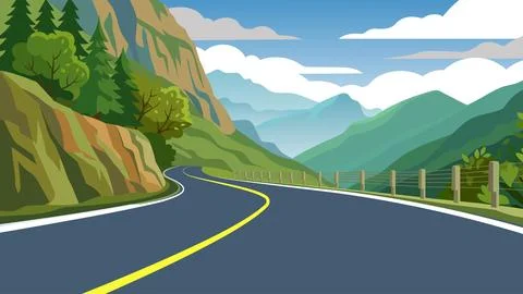Scenic Mountain Road Vector Illustration with Winding Highway and Pine Trees Stock Illustration
