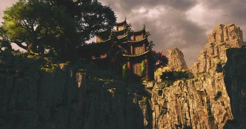 Scenic mountain temple against dramatic sky in remote China Stock Illustration