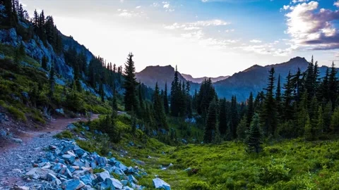 Scenic Naches Peak Loop Trail in Mount Rainier National Park at Sunset/Sunrise Stock Footage 332141633